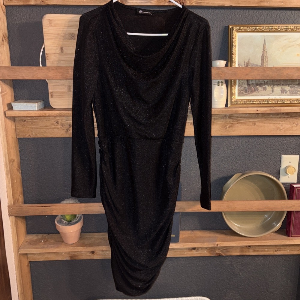 Pretty Garden Women's M Bodycon Black Sparkle Long Sleeve Ruched Party Dress